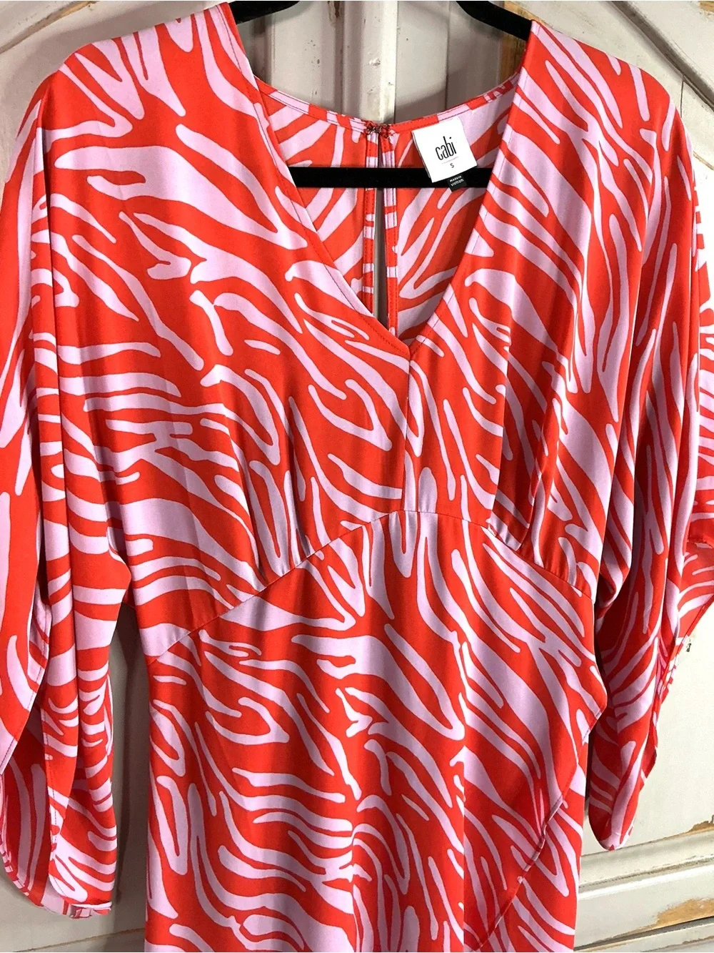 CAbi | Saunter Coral and Lavender Wrap Style Zebra Print Midi Dress Size Small